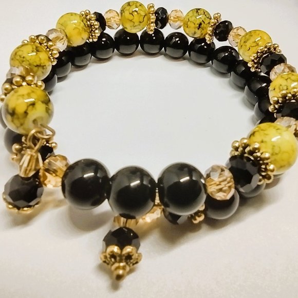 Black Onyx, Spider Agate, Amber and Gold Accent 2 Row Memory Wire Bracelet - Picture 5 of 9